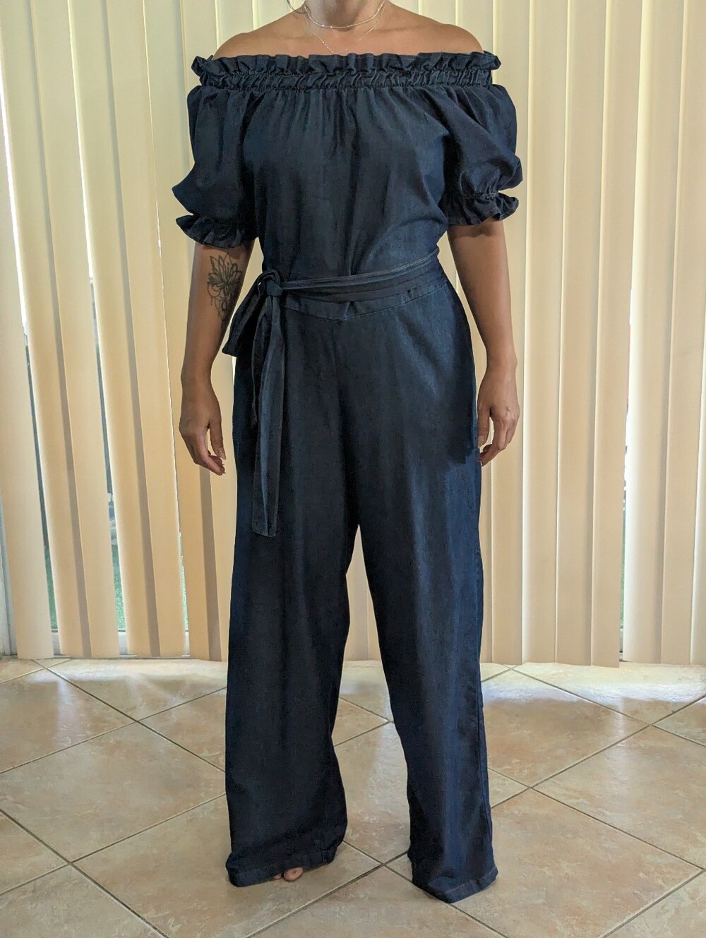 Smocked Off-Shoulder Maxi Jumpsuit in Deep Navy
